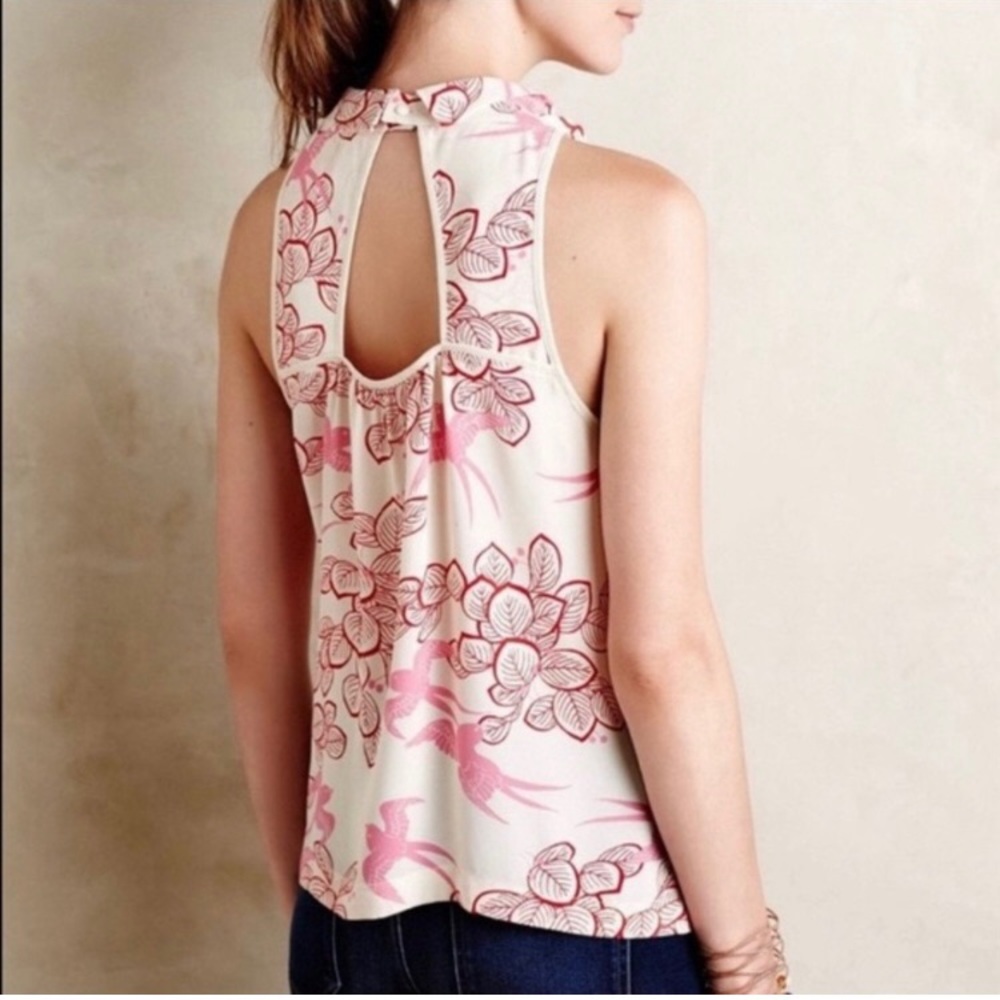 Anthropologie| Maeve Elata Bird Leaf Print Tank Pink Size 2